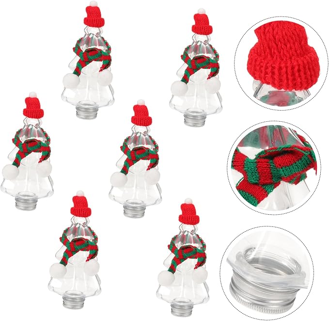 COLLBATH 6set Christmas Tree Shaped Candy Containers Caps Reusable Small Tea Bottles for Holiday Decoration and Storage of Juices and Sweets