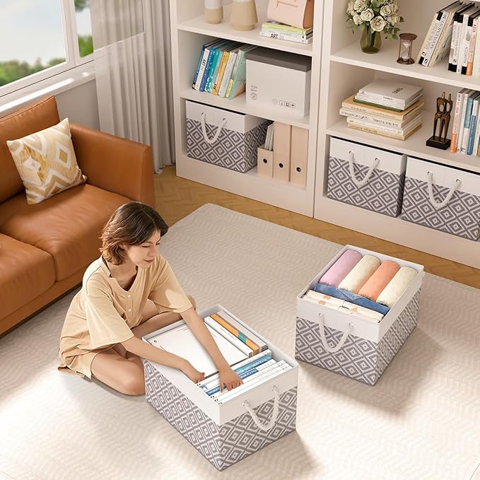 StorageTastic Storage Bins, 6-Pack Large Storage Box | with Rope Handles, Collapsible Storage Basket for Organizing Books,Clothes,Rhombic Grey