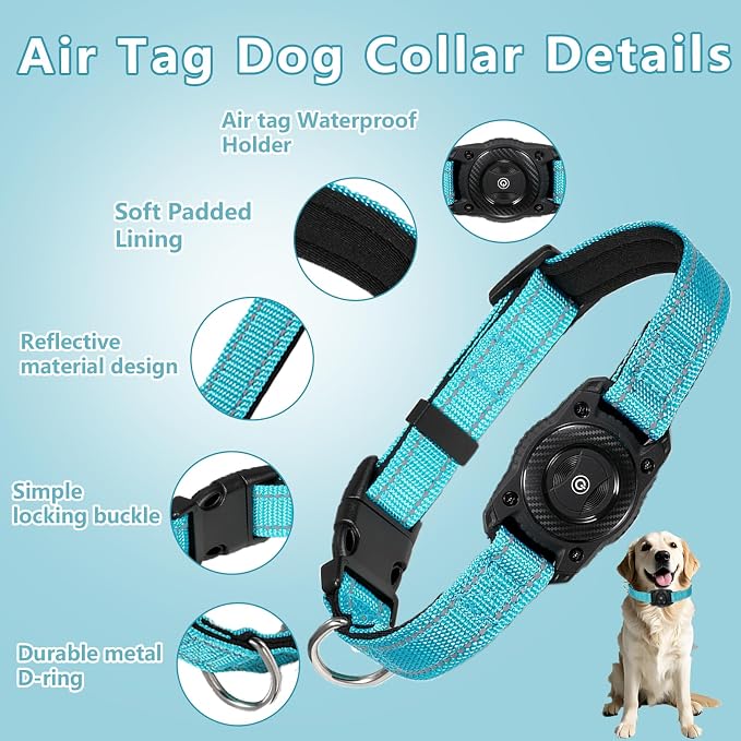 Air Tags Dog Collar, Waterproof Pet Collar with Air-Tag Chip for Apple Find My (iOS only) (SkyBlue, L)