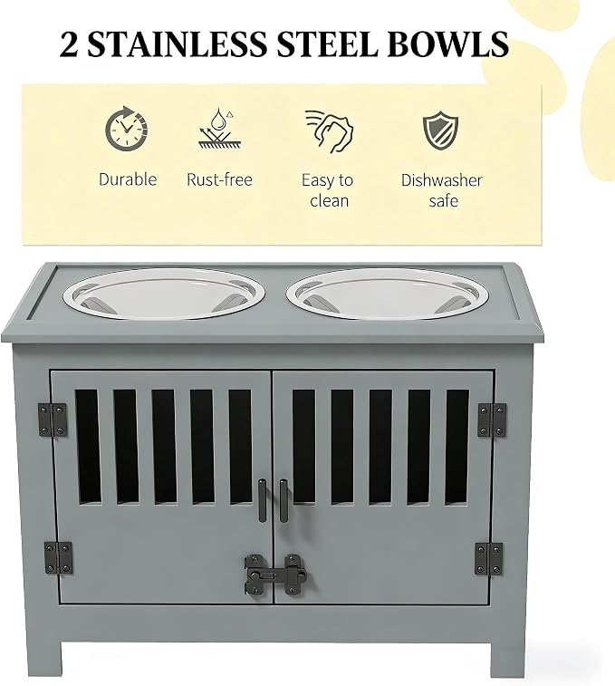 Dog Feeding Station with Storage, 2 Stainless Steel Bowls, Gray, Elevated Dog Bowl Holder, Dog Feeder Stand, Wooden Dog Food Organizer for Indoor, Dog Food Storage Cabinet