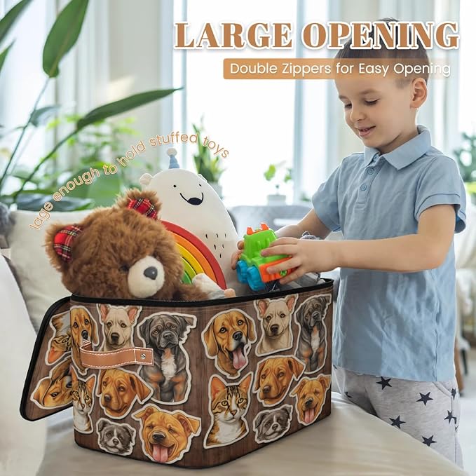 Storage Bin Dogs Cats Storage Basket with Zipper Lid & Handle Foldable Storage Box Cube Bins Clothes Organizer for Closet, Bedroom