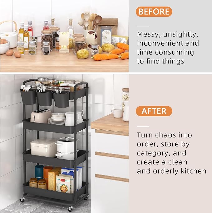 4-Tier Plastic Rolling Storage Cart Utility Cart with Extra Hanging Cups Handles Lockable Wheels for Living Room Bathroom Kitchen Office Black | Utility Cart with Extra Hanging Cups Arc-Shaped Handles Lockable Wheels for Living Room Bathroom Kitchen Of...