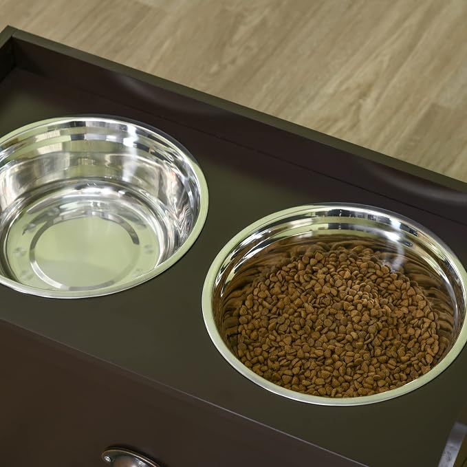 PawHut Dog Feeding Station with Storage Drawer, Dog Food Storage Cabinet with 2 Removable Elevated Pet Bowls for Large Sized Dogs, Coffee | 2 Removable Elevated Pet Bowls, for Large Sized Breeds