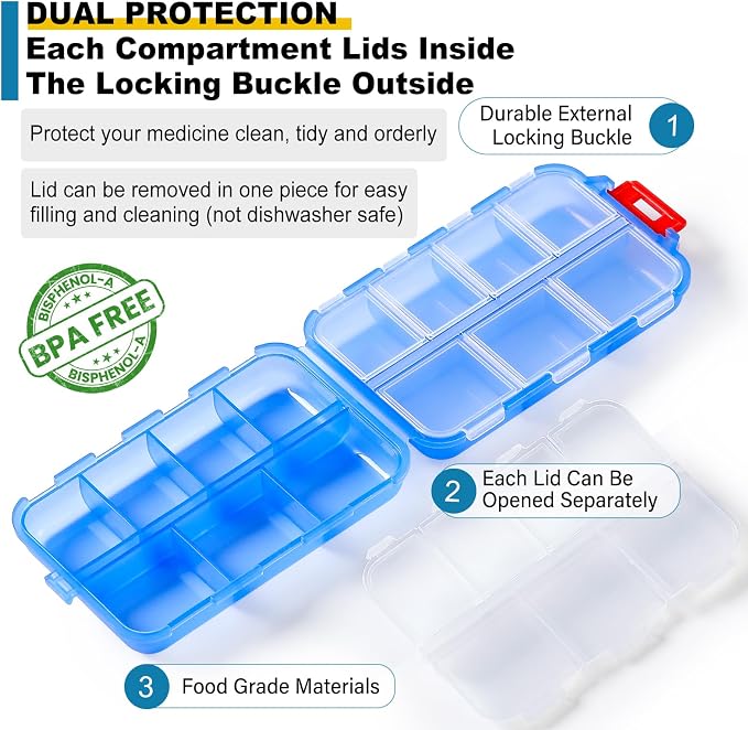 14 Grids Travel Pill Organizer Box with 415-Pcs Medicine Name Labels - Pocket Daily Pharmacy Case Container Kit - Travel Medication Holder Dispenser for Fish Oil Vitamin Supplement Storage -Clear Blue
