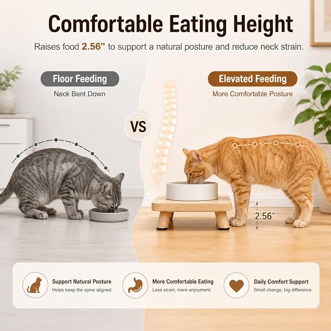 Solid Wood Elevated Cat Feeder Stand, Raised Bowl Holder for Automatic Cat Feeders, Large Double Bowls & Traditional Bowls, Ergonomic Raised Station Relieves Spine and Joint Pressure