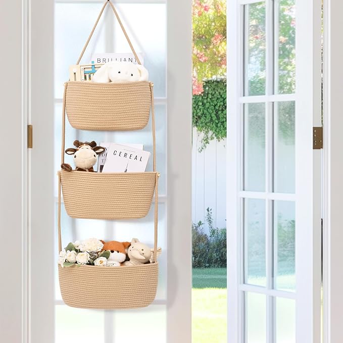 Hanging Basket, 3-Tier Woven Wall Basket with 4 Hooks, Cotton Rope Storage Baskets, Over the Door Organizer for Nursery, Bedroom, Cottage and Boho Wall Decor
