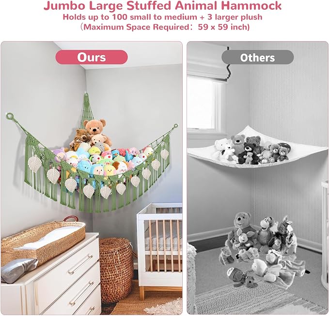 82.7x59x59 Inch Jumbo Stuffed Animal Storage Hammock Corner Toy Net, Green | Macrame Cream Leaf Stuffed Animal Net Organizer for Stuffy Plushie, Boho Handcrafted Plushies Storage Holder w/Star Lights