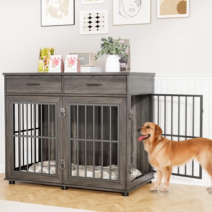 VOWNER 43.3" Large Dog Crate Furniture with 2 Drawers, Grey | Wooden Dog Kennel Furniture End Table with 3 Doors, XL Dog Kennel Indoor with Storage, Dog Cage TV Stand for Large Medium Dog