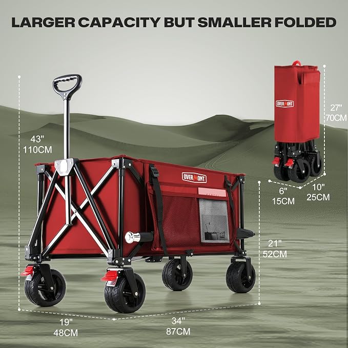Overmont Collapsible Wagon Cart with Wheels - 180L Foldable Heavy Duty Wagon with Big All-Terrain Wheels - 360Lbs Weight Capacity with Side Pockets for Camping Sports Garden Grocery Shopping red