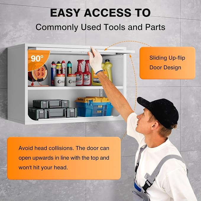 Metal Wall Cabinet with Locking Door and Shelf, Hanging Garage Cabinets with Up-Flip Doors for Garage, Warehouse, Home, Office, Assembly Required (White, One Cabinet)