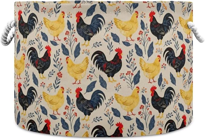 Chicken Rooster Collapsible Round Storage Basket with Handles | Hen Flower Print Large Laundry Baskets Hamper, Clothes Organizer Bin for Nursery Bedroom Living Room Decor, 20x 20x 14 Inches