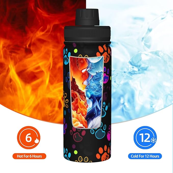 Colorful Dog Paw Print Water Bottle,18oz Sports Insulated Kettle for Cycling Gym Basketball Outdoor, Suitable as a Present