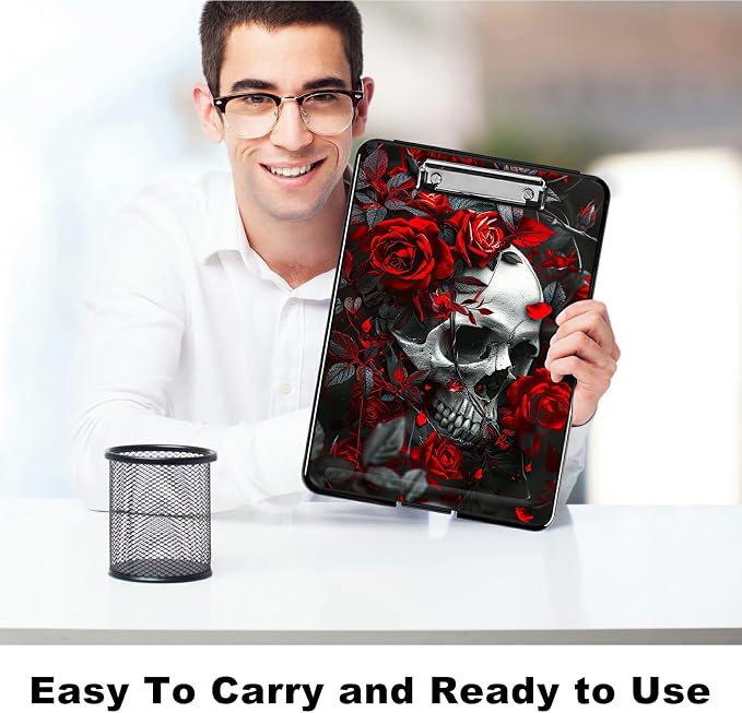 Red Rose Skull A4 Clipboard with Storage Pen Holder, Clipboards Organizer Nursing Clipboard Foldable File Folder Plastic Clipboard Folio Clip Board for Office Students Classroom Doctor