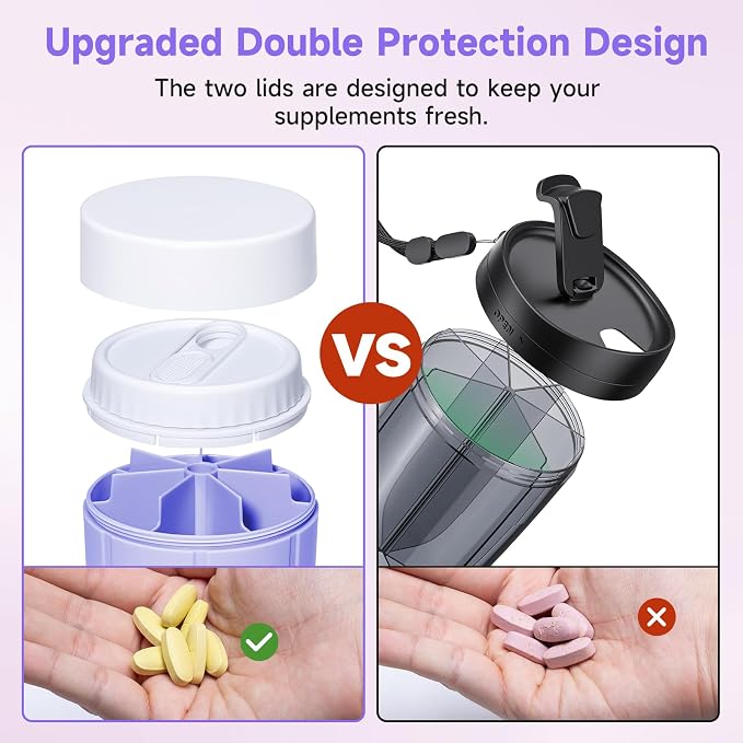 Daviky Pill Bottle Organizer, 7 Large Compartments, Travel Pill Dispenser | Seven large compartments organize daily pills, vitamins and supplements, with dual lids for convenient storage and travel