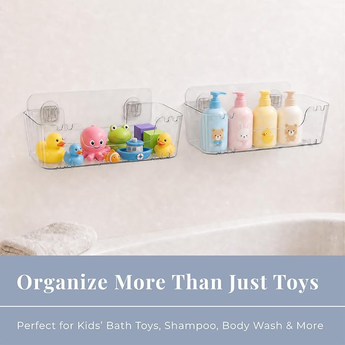 Bathtub Toy Storage, 2 Pack Clear, No-Drill Clear Bath Toy Holder | 4 Adhesive Backplates Included, BPA-Free PET, Fast-Drain Design, Wall-Mounted Detachable, 12 lbs Load Capacity Each