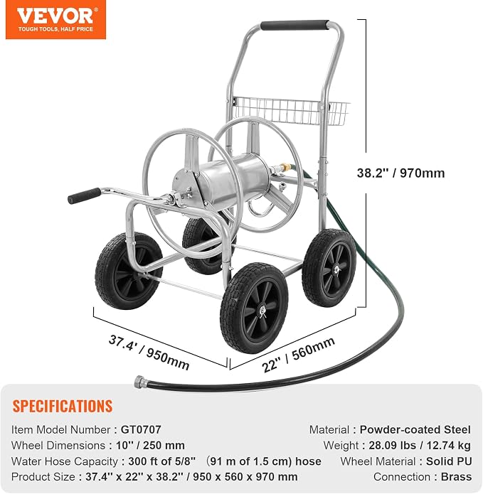 VEVOR Hose Reel Cart, Hold Up to 300 ft of 5/8’’ Hose, Garden Water Hose Carts Mobile Tools with 4 Wheels, Heavy Duty Powder-Coated Steel Outdoor Planting with Storage Basket, for Garden, Yard, Lawn | for Garden, Yard, Lawn, Mobile Tools with 4 Wheels,...
