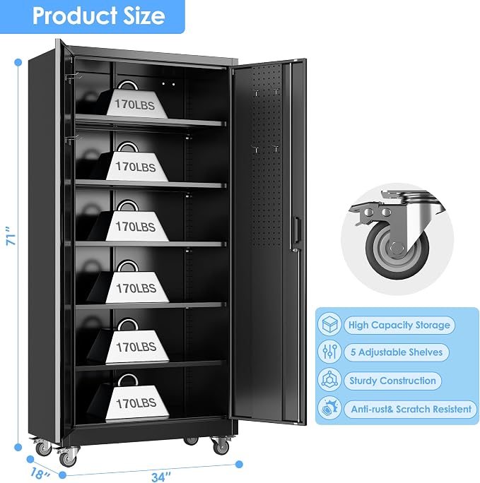 Reemoon Metal Storage Cabinet with Wheels and Pegboard, 71 in, Black | 18 in deep steel cabinet with 5 adjustable shelves, door pegboard, lock, and 4 casters.Required assembly