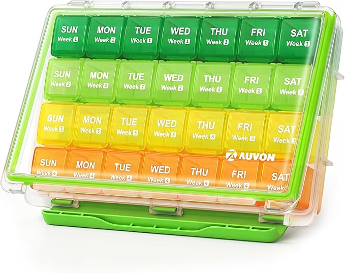 AUVON Moisture-Proof Monthly Pill Organizer, Large 28-Day Compartments | Pill Box Case with Removable 4 Weeks Medication Organizer Rows for Fish Oils, Vitamins, Supplements, Medications, BPA-Free