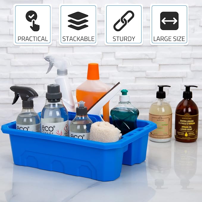 CANOPUS Storage Tray Tote with Functional Holes - 2 PCs Plastic Cleaning Caddy with Handle, Portable Caddy, Undersink Storage for Kitchen, Shoe Cleaning Box, Products Organizer, Blue