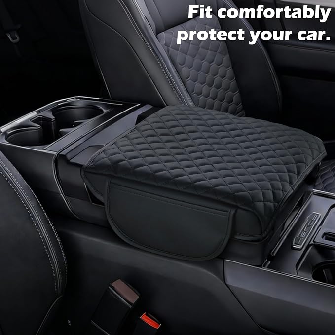 Center Console Cover for 2021-2025 2026 Ford F150, 2022-2026 F150 Lightning Work Surface Console Armrest Cushion Leather Protector Interior Accessories (with Pockets Storage Bag)