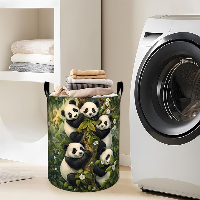 Cute Panda Laundry Basket, Black White Forest Animal Storage Hamper, Round Collapsible Waterproof Cloth Bin, 19.7x15.7 Inch Soft Clothes Organizer Gifts for Bathroom Decor