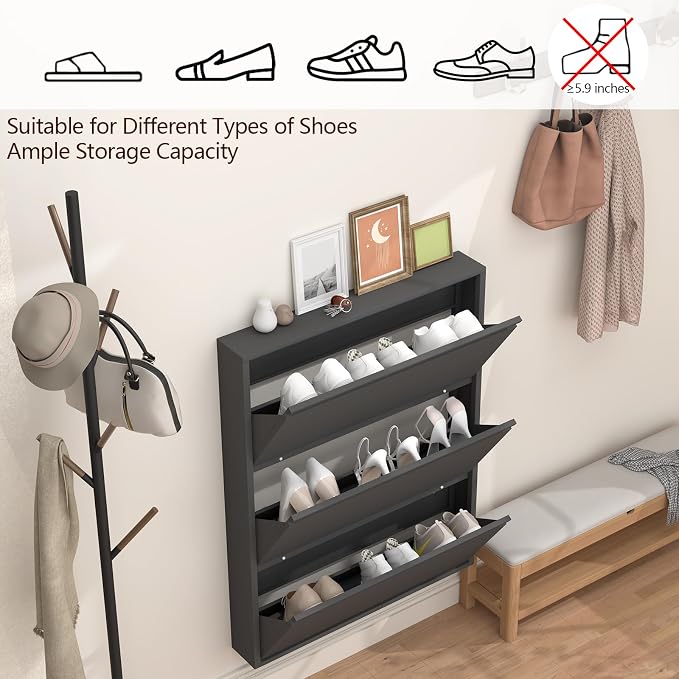 GREATMEET Shoe Cabinet with 3 Flip Drawers, Metal Entrance Shoe Cabinet Storage for Entryway, Modern Hidden Narrow Shoes Rack Organizer Wall Mount for Living Room, Bedroom, Hallway,Black