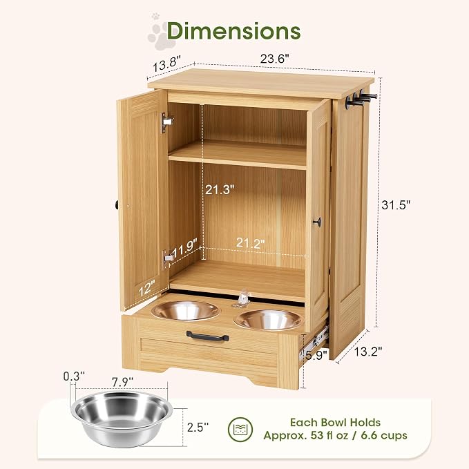 Dog Cabinet, Dog Feeding Station with Hidden Pull-Out Feeder, Oak | 5.9" Elevated Feeding Height, 2 Stainless Steel Bowls, Adjustable Shelf, 3 Side Hooks, Dog Food Storage Organizer