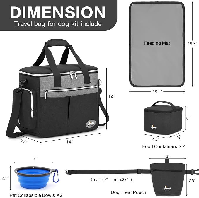 Dog Travel Bag for Pet Kit for Supplies with 2 Food Storage Containers 2 Collapsible Bowls 1 Feeding Mat 1 Dog Treat Pouch 7-Piece Set Perfect Road Trips Camping Weekend (Black)