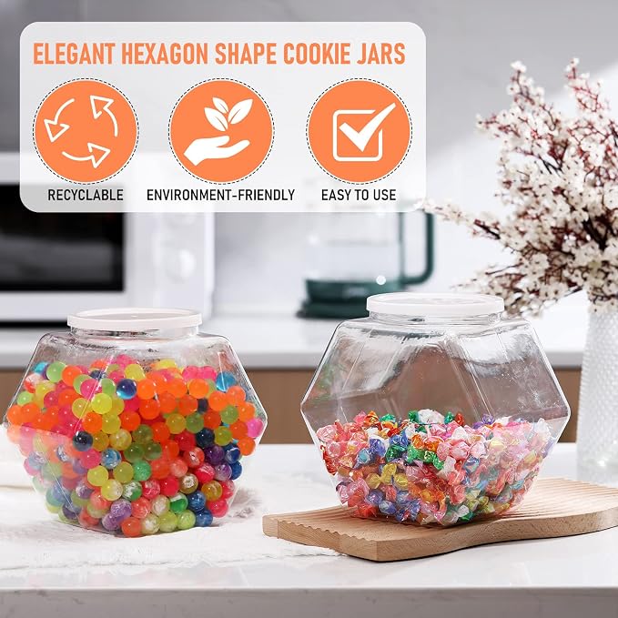 EBOOT 4 Pieces 70 oz Plastic Candy Jars Clear Cookie Jars bulk for Kitchen Counter Hexagon Cookie Jar with Lid Laundry Pod Storage Container Dry Food for Buffet Snack Craft Supplies