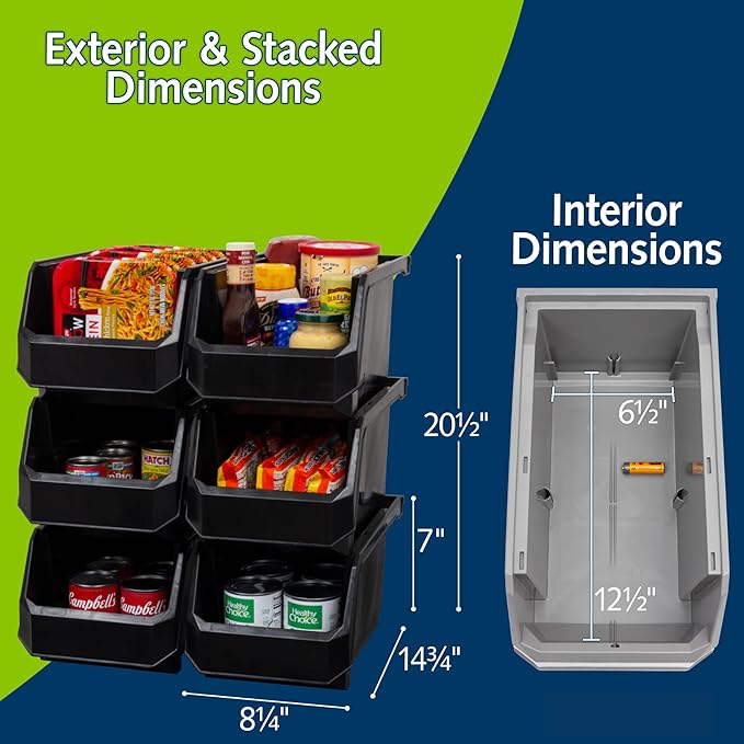 Akro-Mils ReadySpace Large Stackable Plastic Storage Bins, 6-Pack, Black | Open-Front Stackable Bins For Garage, Pantry, Closet & Office, 14,8"L X 8"W X 7"H, Nests When Empty, Durable Plastic,