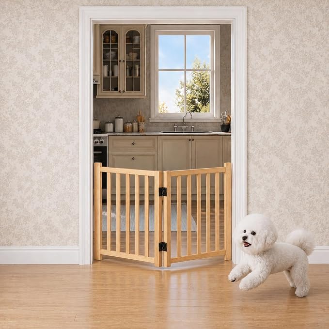 YOCAN Non-Painted Wood Freestanding Pet Gate for Dogs-2 Panel H:23” | Wooden Dog Gates for Doorways, Stairs,The House, Dog Fences Indoor Puppy Gate