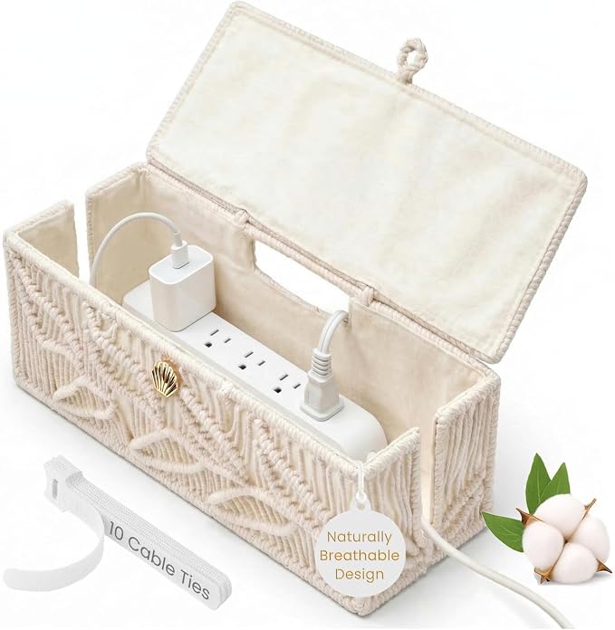 Cotton Rope Cable Management Box: 13" Handwoven Cord Organizer | Breathable Design, Natural Boho Design, Pet & Baby Safe, Cable Cover & Hider, Power Strip Storage, TV Wire Organizer