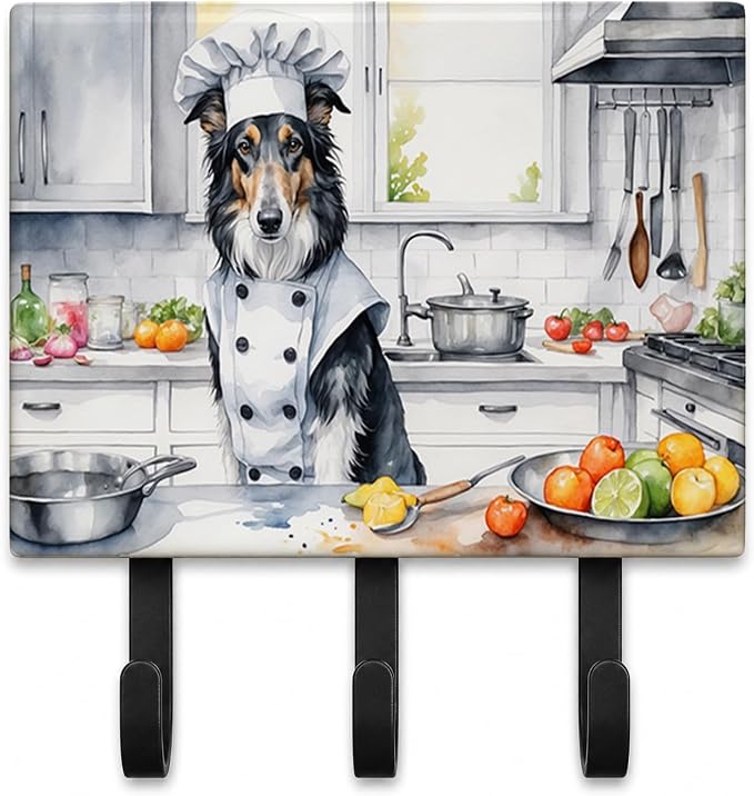 Caroline's Treasures Borzoi The Chef Leash or Key Holder Wall Hooks, Key Hooks Holder, Coat Rack Wall Mount, Coat Hooks, Hooks for Hanging Keys, Towels, Aprons, Leashes | Borzoi The Chef artwork on ceramic tile with three steel hooks for keys, leashes,...