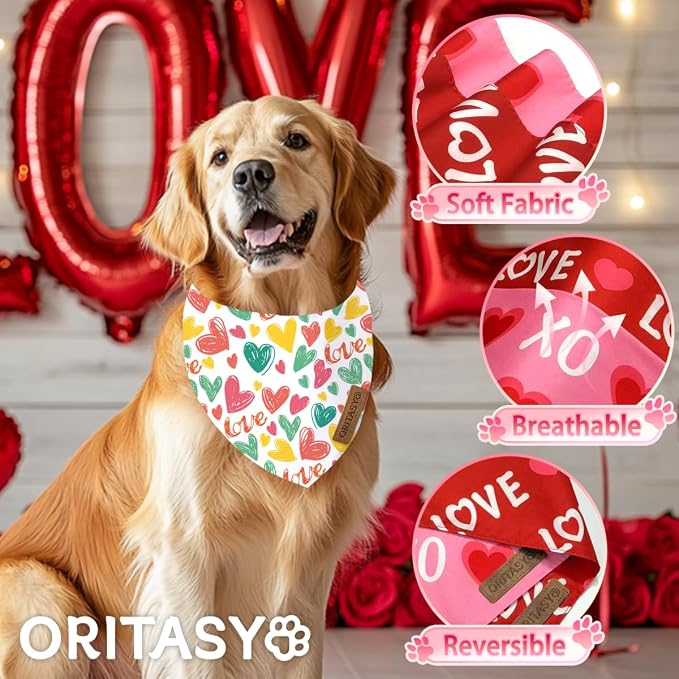 Valentines Day Dog Bandanas, 2-Pack Triangle Reversible Valentine Pet Scarves, Premium Fabric, Bandana for All Boys Girls Dogs (S, Style 3)