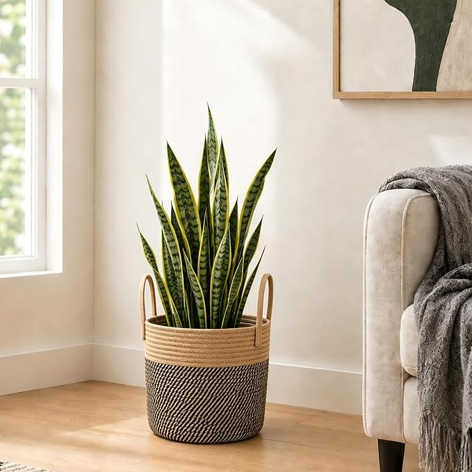 Woven Plant Basket with Handles, 11"x11" Round Rope Wicker Basket for 8-10" Plant Pots, Boho Decor Storage Organizer for Blankets, Toys, Towels, Rustic Storage Bin for Home, Black Stripes
