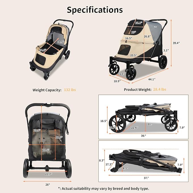 Dog Stroller for Medium/Large Dogs One-Click Folding 4 Wheel Pet Foldable Dog Stroller for 2 Dogs Jogger with Storage Pocket Suitable for Pets Up to 110LBS