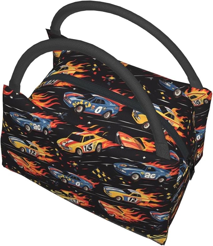 Race Car Insulated Lunch Box for Boys Men,Reusable Tote Bag with Retro Racing Cars and Flaming,Portable Lunchbox Handbag,Makeup Bags Organizer Gifts for Work Office Travel Picnic,11x6.3x6.7in