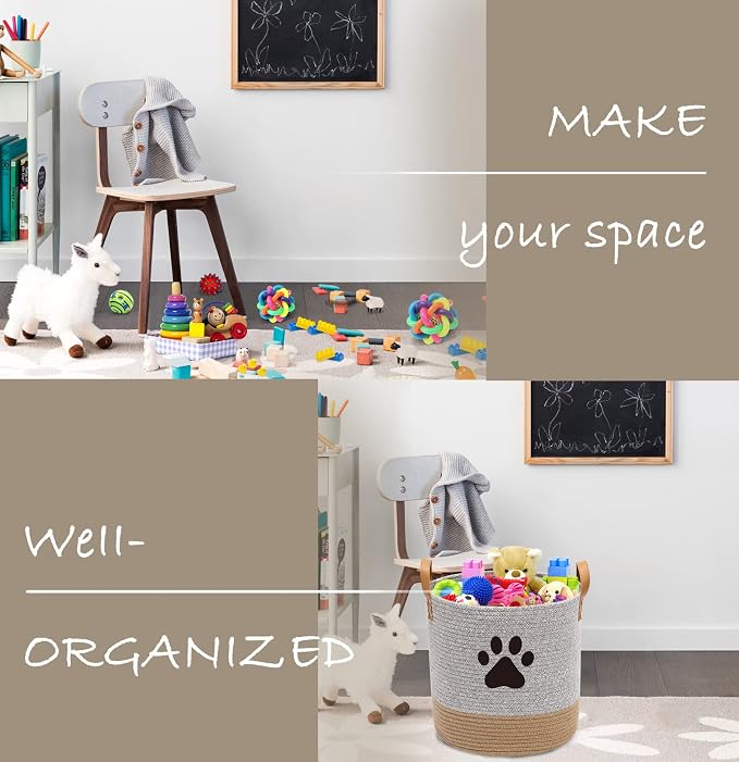 Morezi Cotton Rope Dog Toy Basket, Puppy Toy Storage Bin, Laundry Basket Blanket Storage - Perfect for Organizing Pet Toys, Blankets, Leashes - Gray Beige