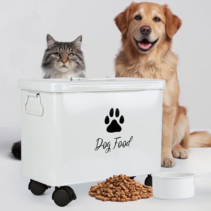 Dog Food Container 13lb, Cute Airtight Pet Food Storage Containers with Metal Lid Scoop, Black Metal Storage Bin for Dog/Cat with Wheels,Easy to Move White