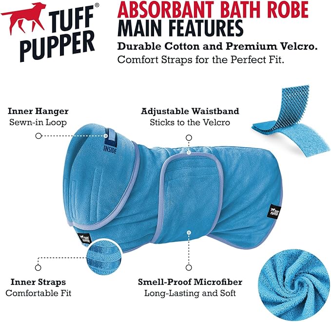 Tuff Pupper Fast Drying Dog Bath Robe | 800 GSM Plush Dog Towel Bathrobe/Dressing Gown | Super Absorbent Pet/Puppy Bathrobe | Adjustable Hood & Belly Strap | Super Soft | Fast Drying (XL, Blue)