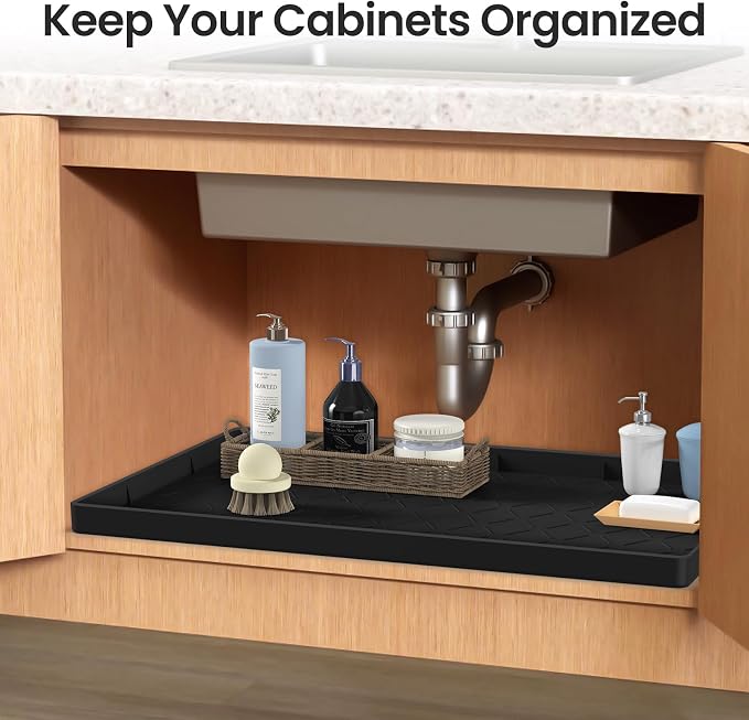 Mateeylife Under Sink Mat Kitchen Waterproof，Silicone Sink Tray 28"X19" | Under Sink Organizer Cabinet Shelf Protective Liner, Multi-use Silicone Mat for Boot Tray & Litter Mat, Black