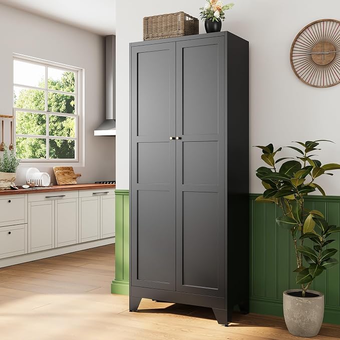75" H Metal Storage Cabinet with 2 Doors and 4 Shelves,Tall Kitchen Pantry Cabinets,Farmhouse Utility Pantry Organizers for Cupboard/Dining/Bathroom/Home Office/Garage Room,Black