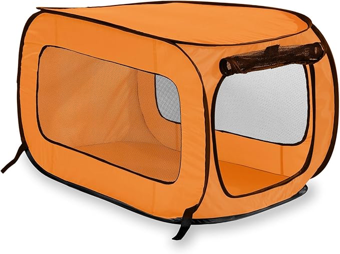 Portable Collapsible Pop Up Kennel, 36" L x 22" W x 22" H, Orange | Collapsible indoor/outdoor travel cat and dog crate with mesh screen windows pops up and folds flat for easy storage