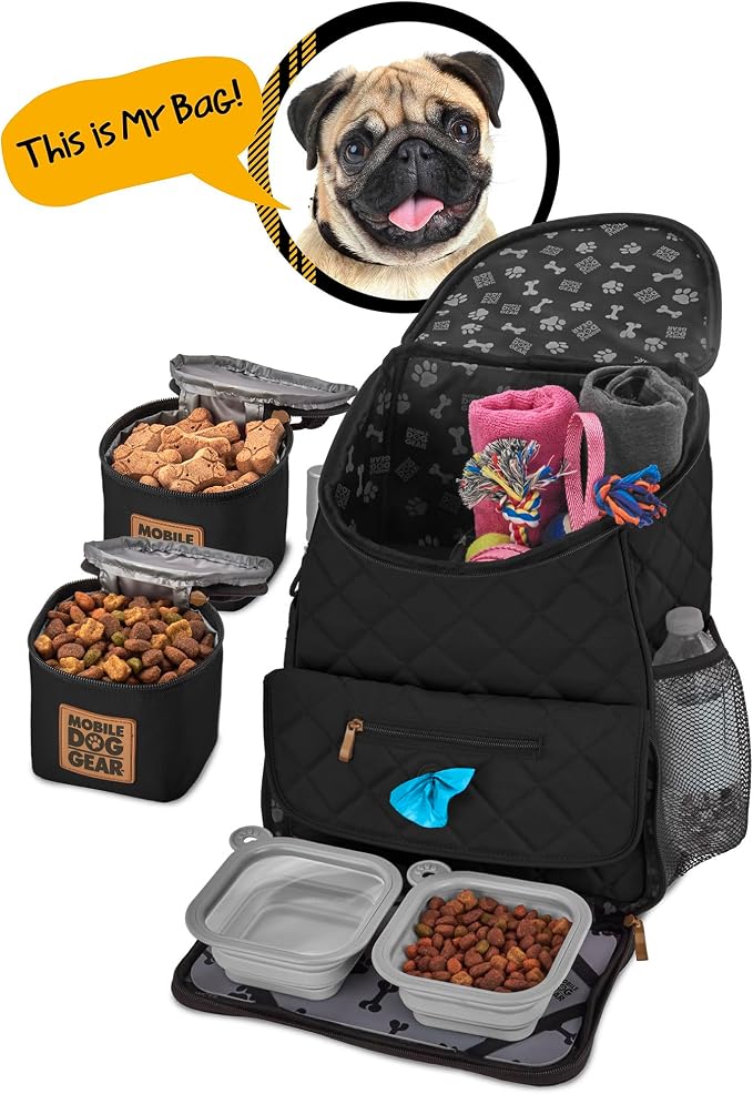 Mobile Dog Gear: Weekender Backpack - Black - Quilted Pet Travel Bag Holds Dog Accessories, Food Carriers, Silicone Bowls, Built-In Feeding Placemat
