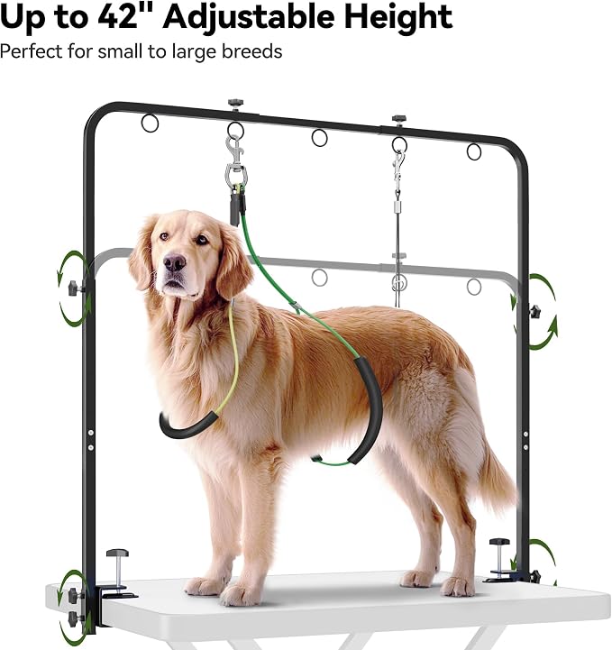 Dog Grooming Arm for Table, 42" H, 27-39" W with Hammock & 2 No-Sit Loops | Adujustable, Heavy Duty, Portable Pet Grooming Station with clamp for Nail Trimming, Cats & Dogs at Home