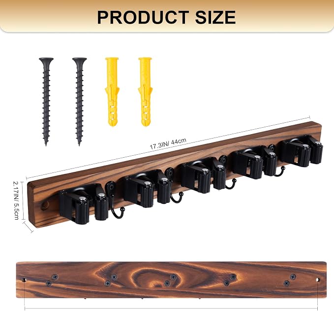 FunCee Broom Holder Wall Mount With 5 Slots & 4 Hooks，Rustic Wood Broom & Mop Hanger，Wall Mounted Garden & Garage Tool Storage Organizer Rack for Closet Laundry Room or Kitchen Wall Decor