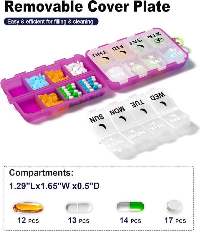 Pill Organizer Travel Medicine Organizer - Weekly Pill Organizer with 2 Extra Compartments, Clear Printed Labels, AM PM Pill Dispenser