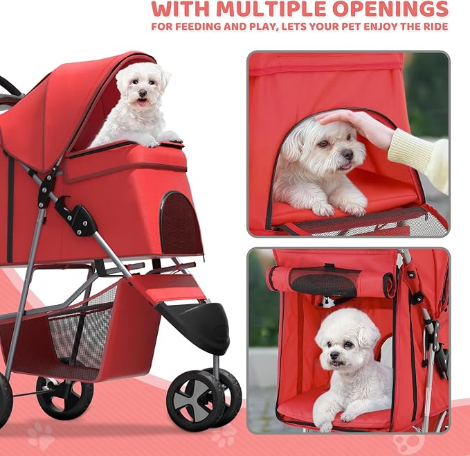 Magshion 3-Wheel Pet Stroller for Small/Medium Dogs & Cats, Up to 33lbs | Foldable Travel Jogger w/ Breathable Mesh Cover, Lightweight Design, Safety Tethers, Cup Holder & Storage Basket