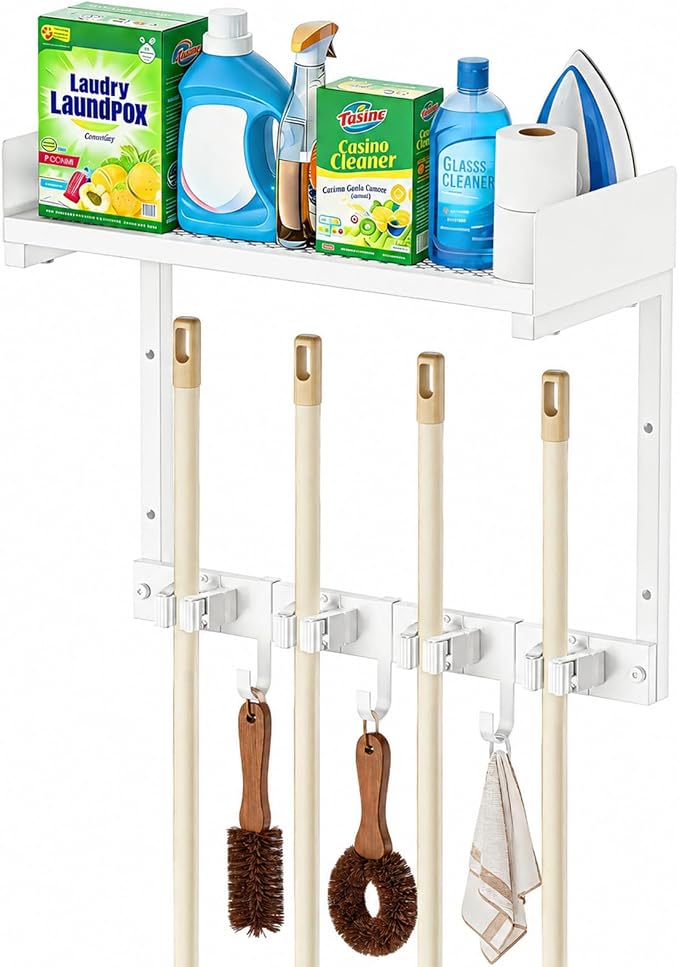 Mop Broom Holder Wall Mount with Top Shelf, Broom Organizer Wall Mount | 15inch,Mop Broom Wall Hanging Heavy Duty Tools Storage Rack Space-Saving for Garage,Kitchen,Laundry Room