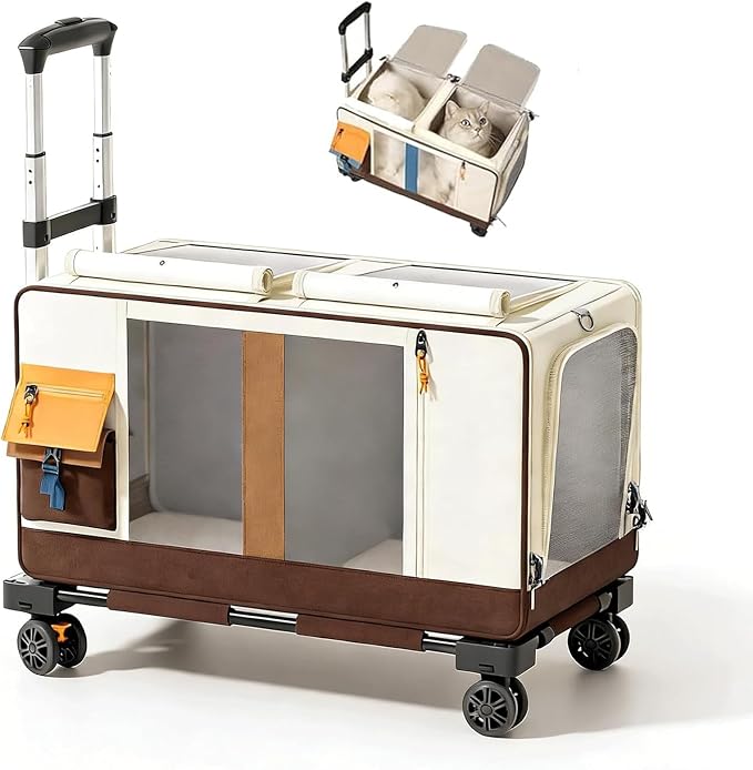 Large Cat Carrier with Wheels for 2 Cat, Double Rolling Pets Carrier on Wheel, Folding Soft-Sided Carriers with Telescopic Handle, Shoulder Strap Removable Soft-Sided Bag for Car, Vet, Outing